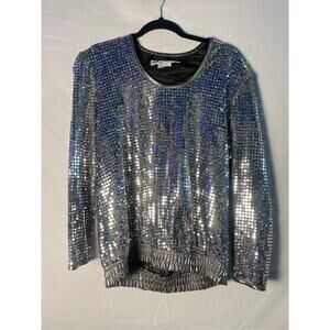 Vintage 80s Caron Components Silver Sequin Pullover Long Sleeve Top Women Medium
